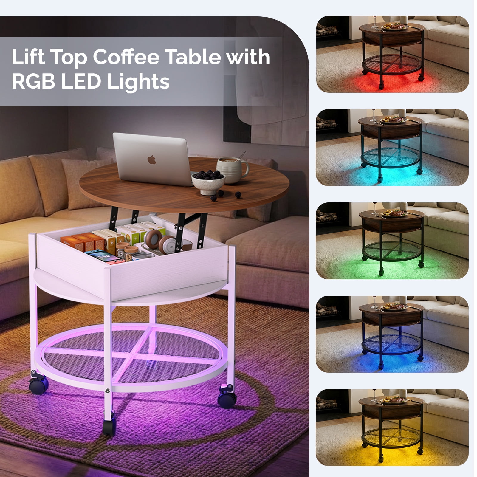 Ktaxon Mid-Century Coffe Table with Lift Top, 26.7" Round Coffee Table with Storage and Rolling Wheels, Modern Center Table for Small Spaces, Washed White