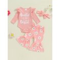 thumbnail image 5 of Aojekbee Baby Girls Fall Outfits Letter Print Long Sleeves Romper and Elastic Daisy Flared Pants Headband Set 3 Piece Clothes, 5 of 10