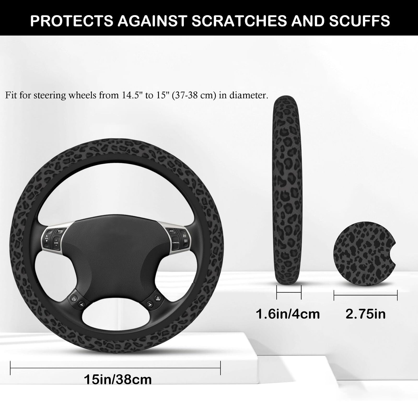 Car Steering Wheel Cover with 2 Pcs Car Coasters, Black Leopard Cheetah Print Car Accessories Decorations for Women, Fit 14.5-15 Inch Auto, Suvs, Truck