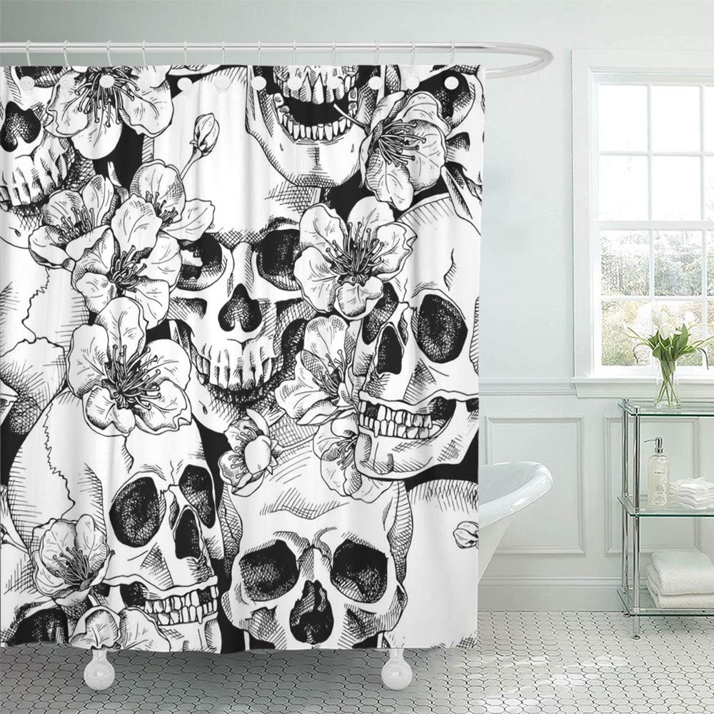 KSADK Halloween with Skull Flowers Cherry Black White Anatomy Bloom