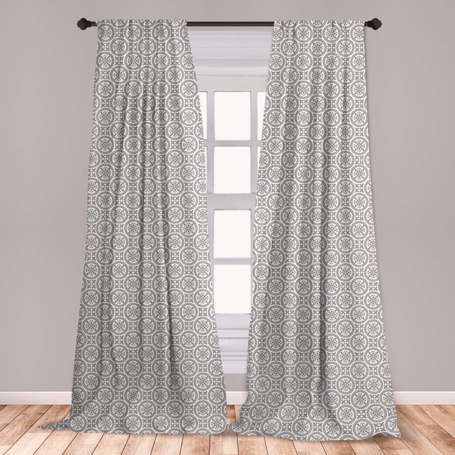 Grey and White Curtains 2 Panels Set, Middle Eastern Mosaic Antique