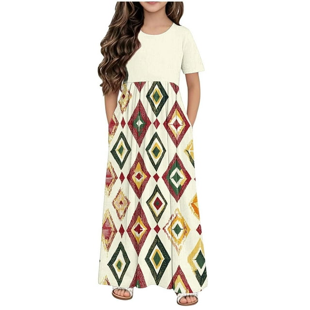 Robe Maxi pour Filles, Robes de Printemps pour Filles Décontractées Imprimées Vintage Col Rond Manches Courtes Taille Haute Longueur Cheville Robes pour Adolescentes 120-170 Vêtements pour Filles en Solde à Moins de 15$