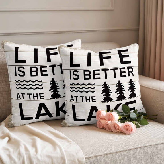 Outdoor Waterproof Throw Pillow Cover Summer Quotes Lake and Forest Decorative Pillow Covers 16x16inch Set of 2 Pillows Case, Farm Wooden Frain Cushion Cases for Sofa Couch Patio Garden