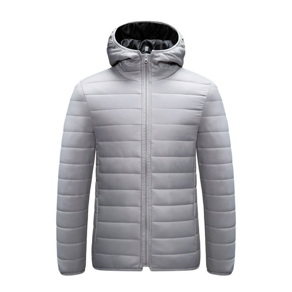 Lovzfmll Men's Puffer Jacket Stand Collar Hooded Quilted Zippered Pockets Gray, XL