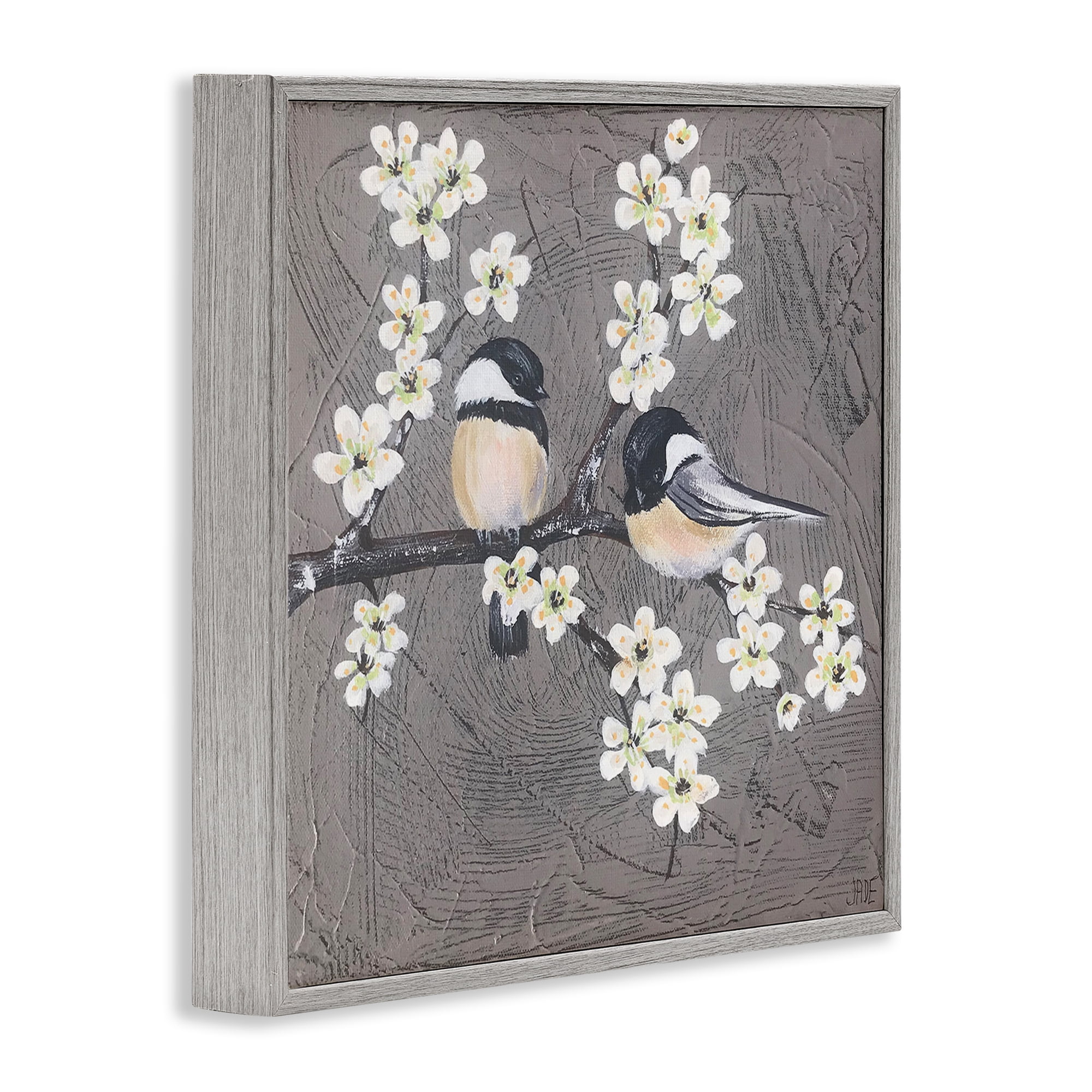 Stupell Industries Bird Pair on Branch Animals & Insects Painting Gray Framed Art Print Wall Art, 12 x 12