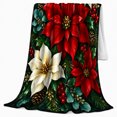 thumbnail image 2 of Crimson Red Poinsettia Holly Berry Botanical Art Christmas, Festive Holiday Scene, Warm Flannel Blanket for Living Room and Reading Nook, Art Lovers Friendship Gift, Festive Home Decor, 2 of 9