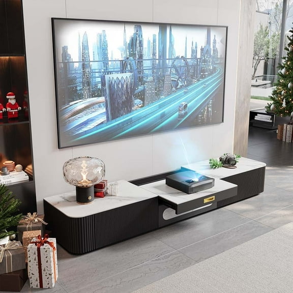 POVISON 78'' Modern TV Stand for Projector, Sintered Stone TV Cabinet with Drawers for Home Theater, Oak Veneer MDF, Black & White