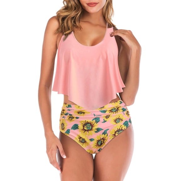 KaLI_store Tummy Control Swimsuits for Women Women's Floral Print Underwire Spaghetti Strap Knot Back High Waist Two Piece Bikini Swimsuit Bathing Suit Set Pink,XXL