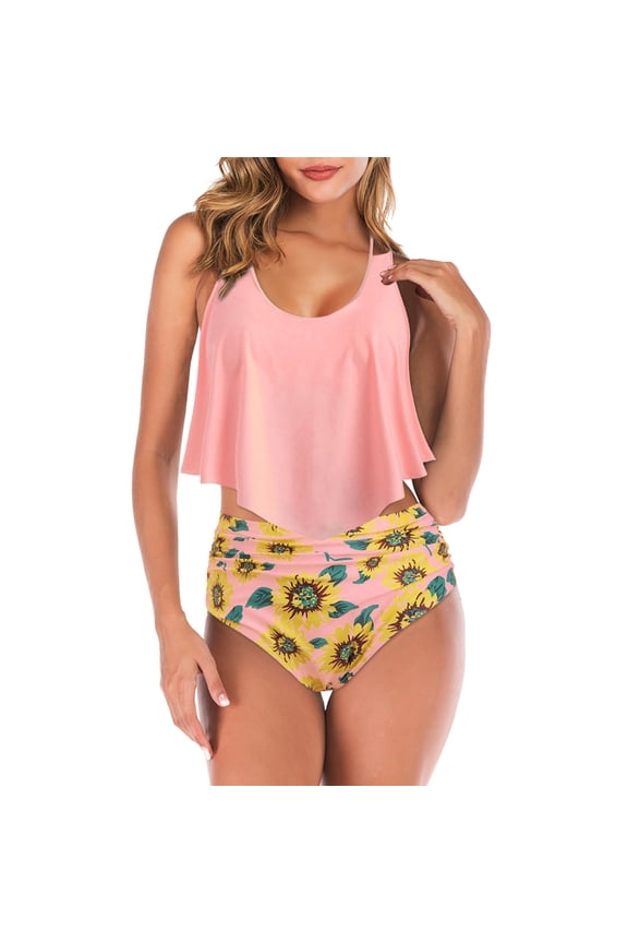 Tummy Control Swimsuits for Women Women's Floral Print Underwire Spaghetti Strap Knot Back High Waist Two Piece Bikini Swimsuit Bathing Suit Set Pink,XXL
