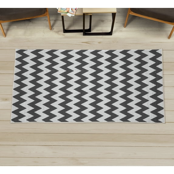 Chevron Decorative Rug, Abstract Geometric Horizontal Repeated Zigzag Wavy Angular Stripes Pattern, Quality Carpet for Bedroom Dorm and Living Room, 6 Sizes, Charcoal Grey, by Ambesonne
