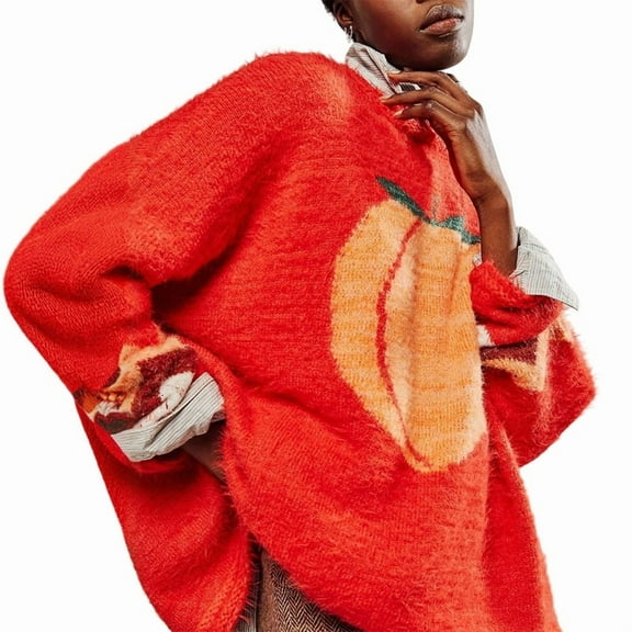 Women'S Fall Crew Neck Sweater Casual Long Sleeve Strawberry Print Knit Pullover Sweaters Dressy Casual Tops Orange L