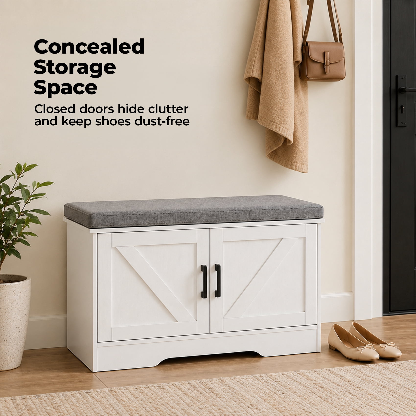 Alvantor 2-Tier Wooden Shoe Storage Cabinet Bench with Padded Seat and Adjustable Shelf for Entryway