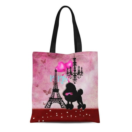 ASHLEIGH Canvas Tote Bag Pink Dog French Paris Girly Poodle Eiffel Tower Damask Reusable Handbag Shoulder Grocery Shopping Bags