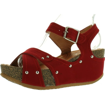 

FOREVER FREYA-23 Womens Cork Look Platform Ankle Strap Low Wedge Sandals Red 6