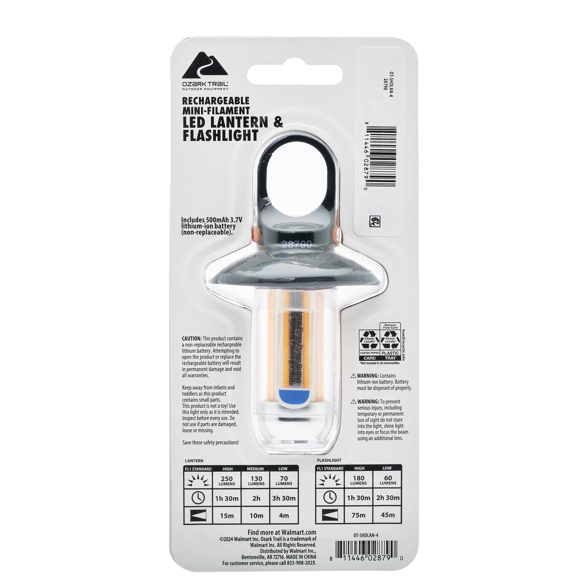 Ozark Trail 250-Lumen Rechargeable Electric Camping Lantern, Mini Filament Lantern and Flashlight