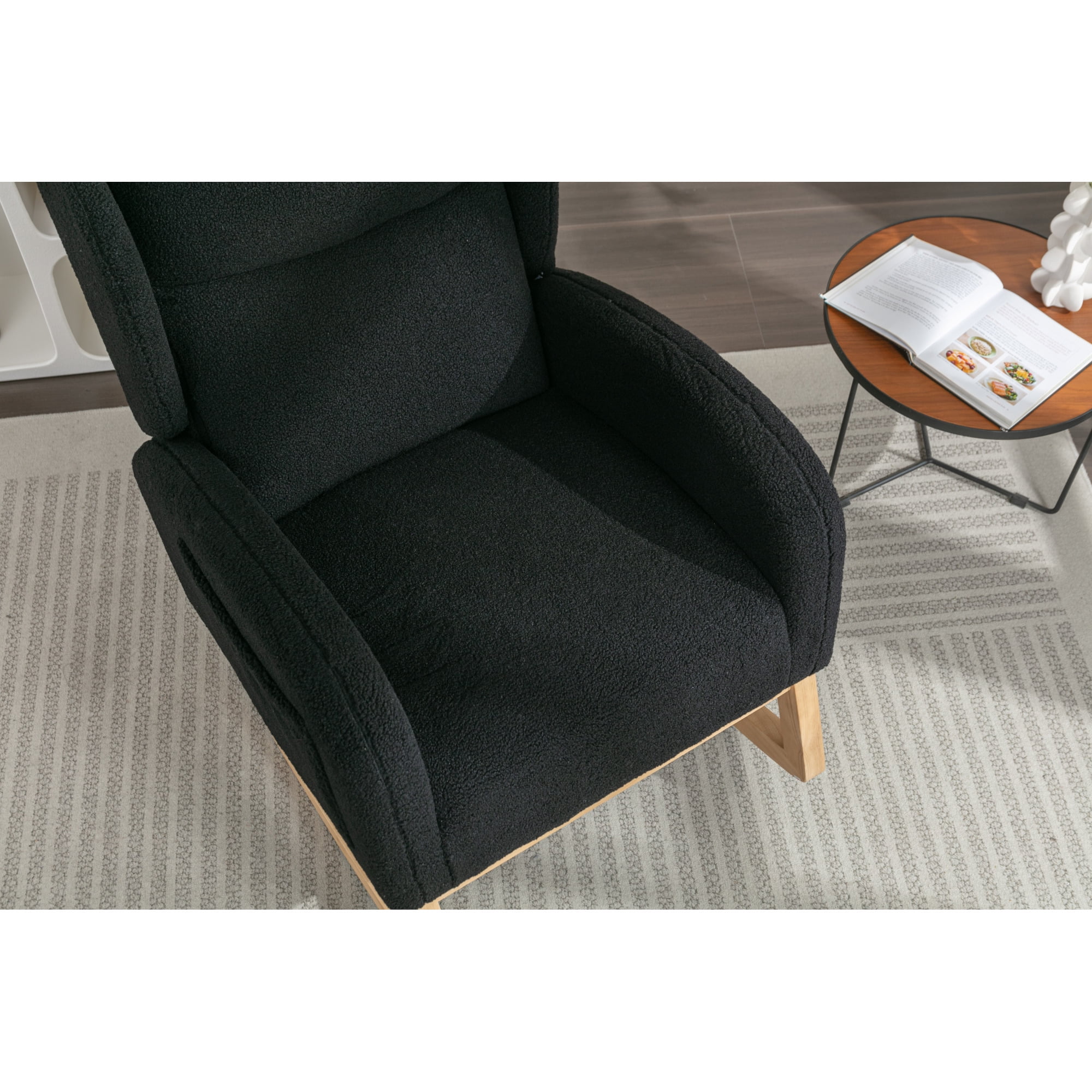 Rocking Chair Nursery,Teddy Fabric Uplostered Rocking Glider Chair with Side Pocket,Modern High Backrest Single Sofa for Living Room, Hotel, Bedroom, Baby Room,Black