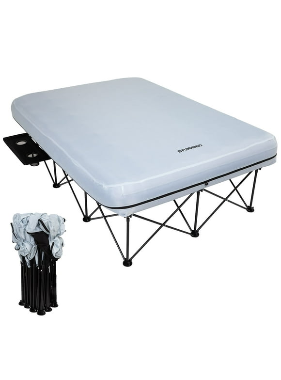 FUNDANGO Folding Camping Cot Mat to FUNDANGO 2 Person Camping Cot with Air Mattress Mat and Pump Combo Folding Camp Bed with Side Table Support up to 529 lbs