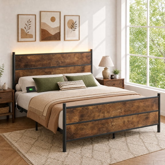 Seetech Queen Size Platform Bed Frame with Charging Station, LED Lights and Under-Bed Storage, Vintage Brown