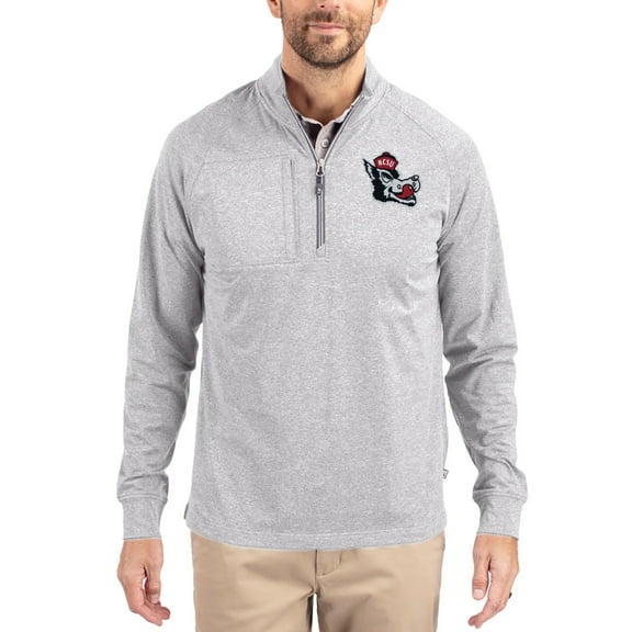 Women's-Cutter & Buck Heather Gray NC State Wolfpack Adapt Eco Knit Stretch Recycled DryTec Raglan Quarter-Zip Pullover