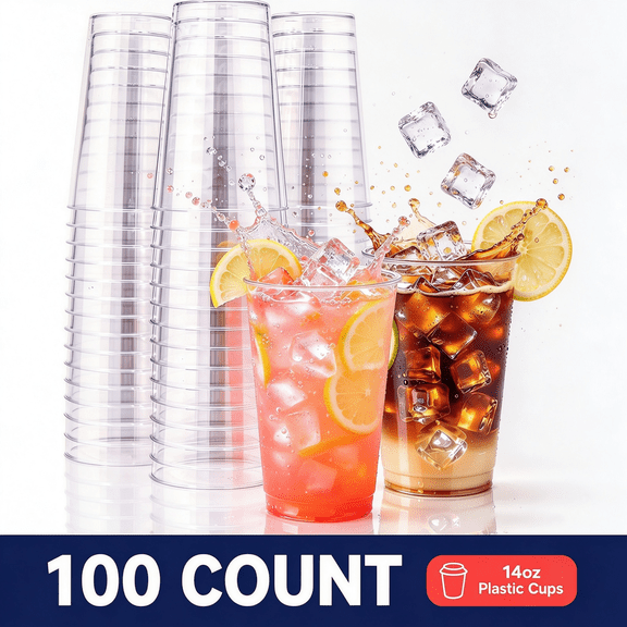 BYSNOW 14 oz Clear Plastic Cups, Disposable Cocktail Cups, 100 Count