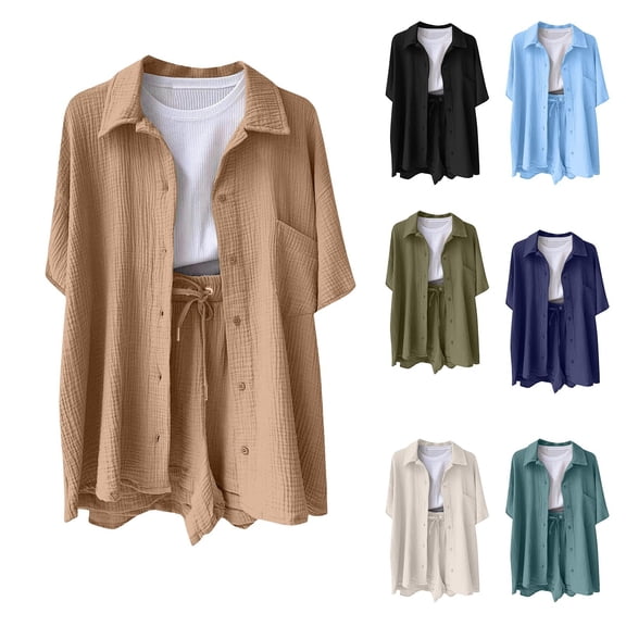 Hrsba 2 Piece Short Set for Women,Casual Fashion Short Sleeve Top and Linen Shorts Summer Daily Matching Outfit