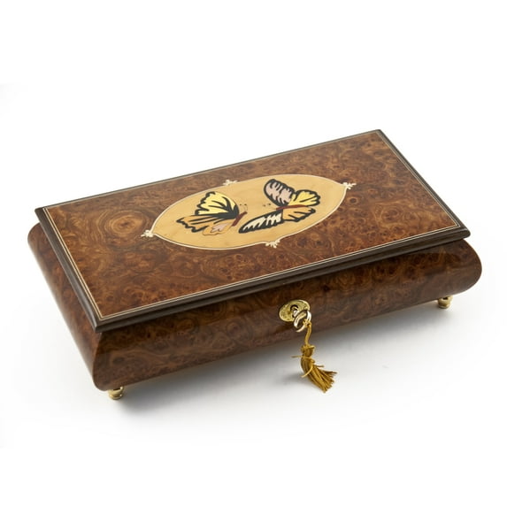 Handcrafted 30 Note Wood Tone Twin Butterfly Inlay Music Jewelry Box - Can't Help Falling in Love