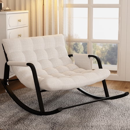 HomeZeer Indoor Rocking Chair with Cushion, Modern Grand Papasan Rocker Chairs, Oversize Papasan Recliner Chair for Living Room, Bedroom, Study Room, Beige