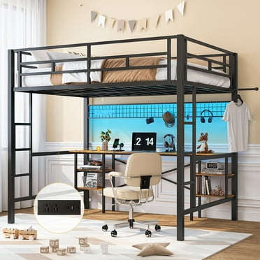Twin Loft Bed with Desk, UHOMEPRO Metal Loft Bed with LED Lights, Charge Station, DIY Mesh, Clothes Rail, 4 Storage Shelves, Safety Rails and 2 Ladders, Loft Bed for Teen Adult, Black