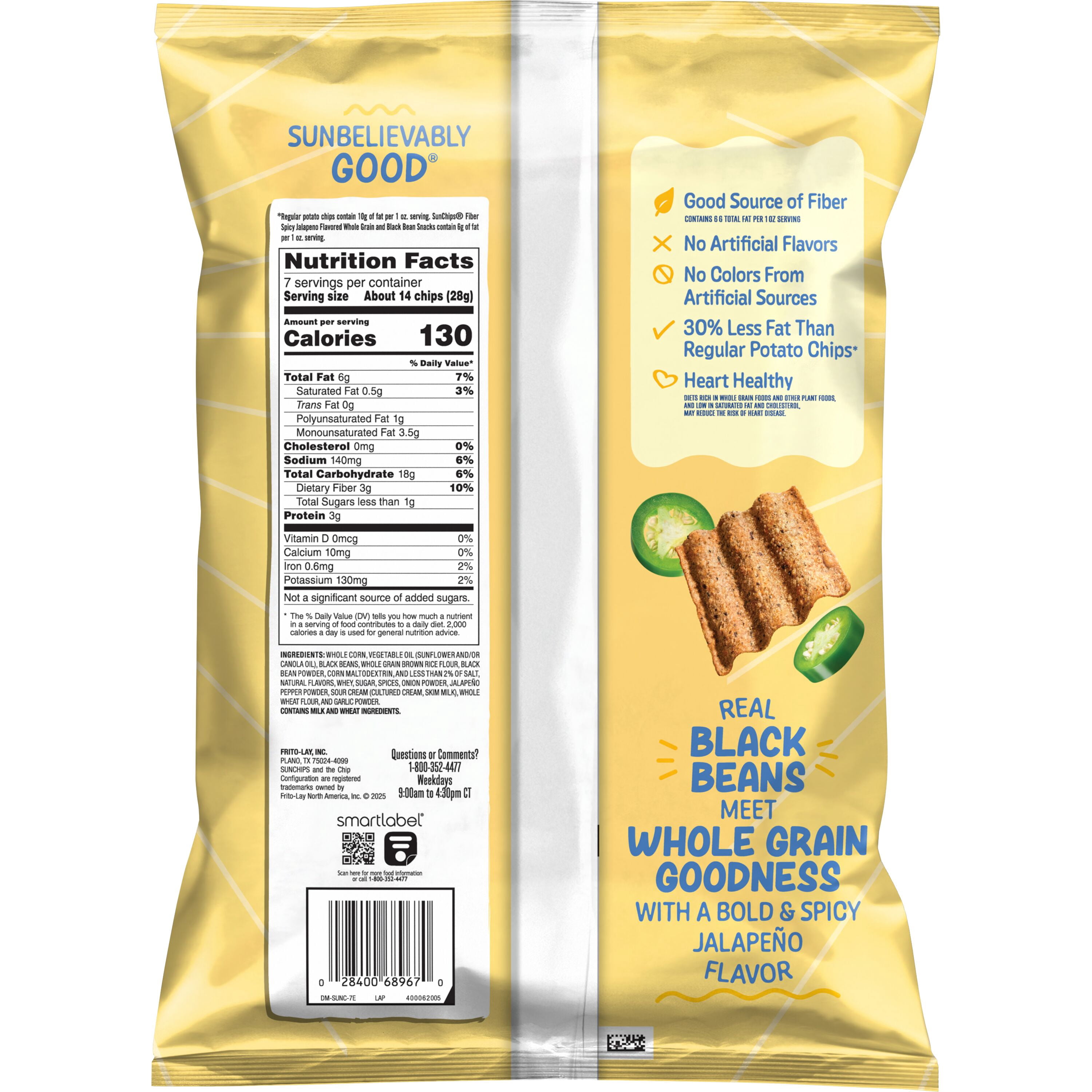 SunChips 100% Whole Grain Black Bean Spicy Jalapeno Snack Chips Bag, 7 oz​