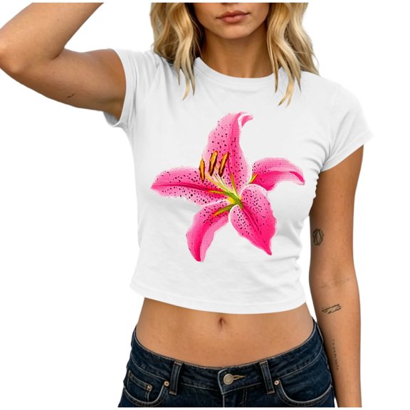 Xdegoge Womens Lily Floral Graphic Print Crop Tops Short Sleeve Crewneck Slim Fit Shirts Summer Casual Botanical Trendy Fitted T Shirts Y2K Vintage Inspired Basic Tees