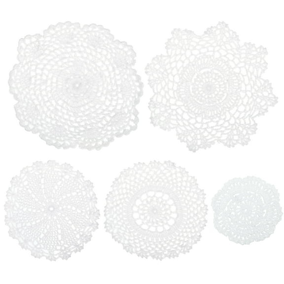 Fabric Coasters, 5pcs 3 Sizes - Cotton Woven Crochet Doilies, Lace Embroidery Cup Mat with Floral Pattern (White)