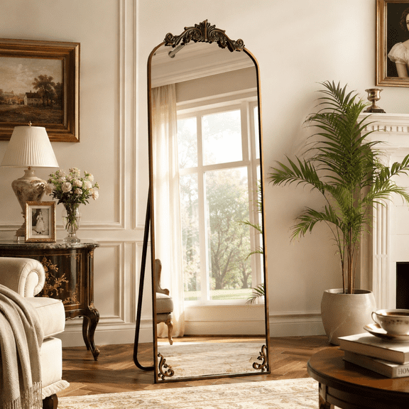 BEAUTYPEAK 66"x21" Arched Full Length Mirror Metal Vintage Mirror Baroque Style,Antique Bronze