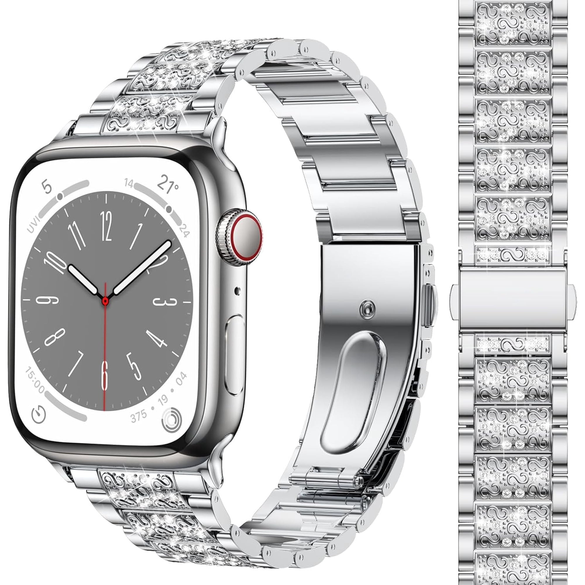 Compatible with Apple Watch Bling Band Women 38mm 40mm 41mm 42mm Series 11 10 9 8 7 6 5 4 3 2 1 SE, Upgraded Sparkle Replacement Bracelet iWatch Band, Diamond Rhinestone Stainless Steel Metal Strap