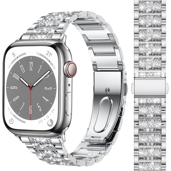 Compatible with Apple Watch Bling Band Women 38mm 40mm 41mm 42mm Series 11 10 9 8 7 6 5 4 3 2 1 SE, Upgraded Sparkle Replacement Bracelet iWatch Band, Diamond Rhinestone Stainless Steel Metal Strap