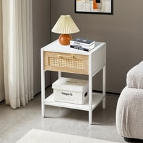 Glavbiku Modern Rattan Nightstand with Drawer,Metal Legs,Side Table for Bedroom,White,Adult