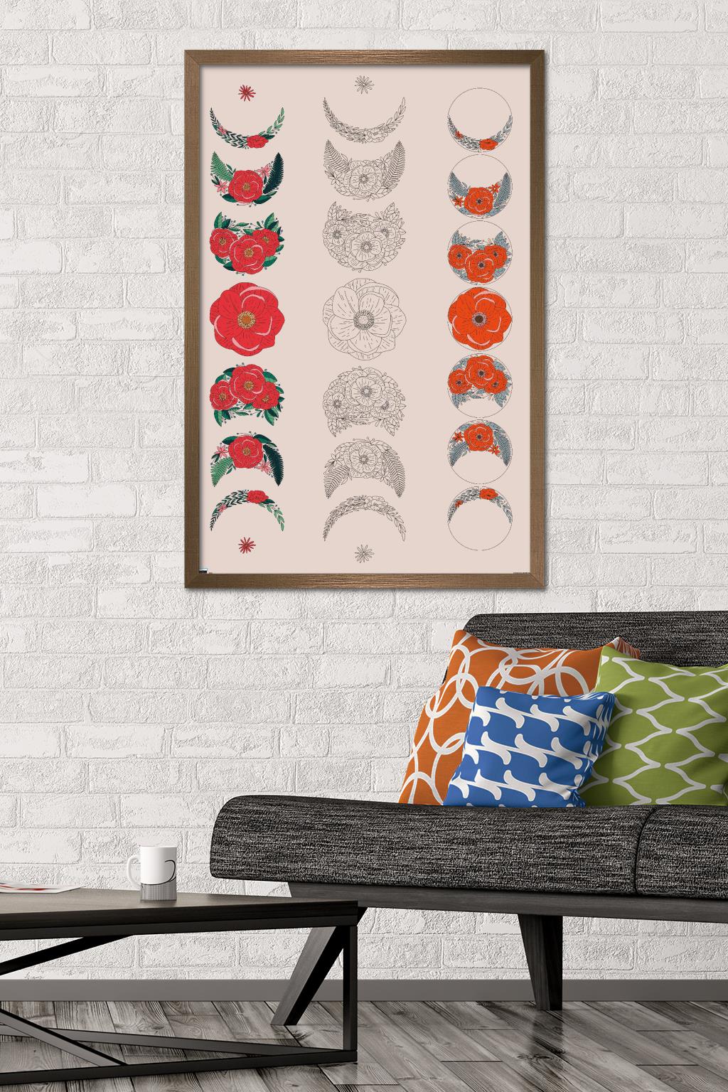 Floral Phases of the Moon Wall Poster, 22.375" x 34" Framed