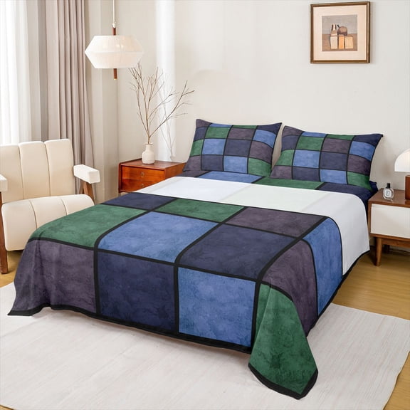 Castle Fairy Vintage Plaid Checkered Twin Sheet Sets 3pcs for Kids Teens Adults,Retro Aesthetic Geometric Grid Twin Fitted Sheet Microfiber,Minimalist Mid Century Breathable Flat Sheet