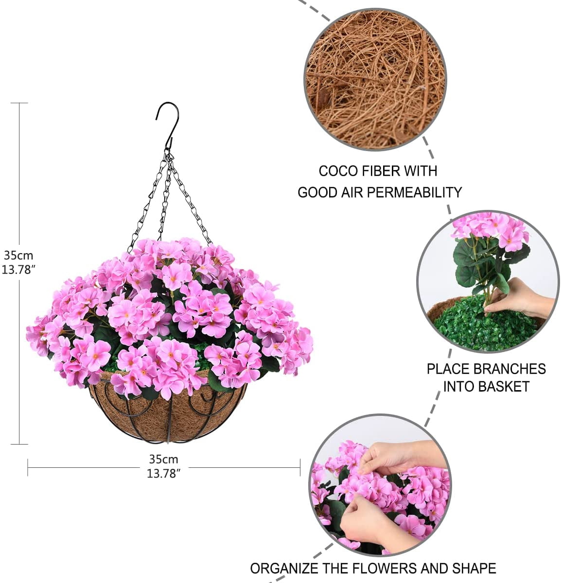 Artificial Flowers Hanging Basket for Outdoor Indoor Decor,Faux Silk Flower Arrangement,10 Branches Geranium with 12 Inch Coconut Lining Chain for Patio Decoration(Purple Orange)