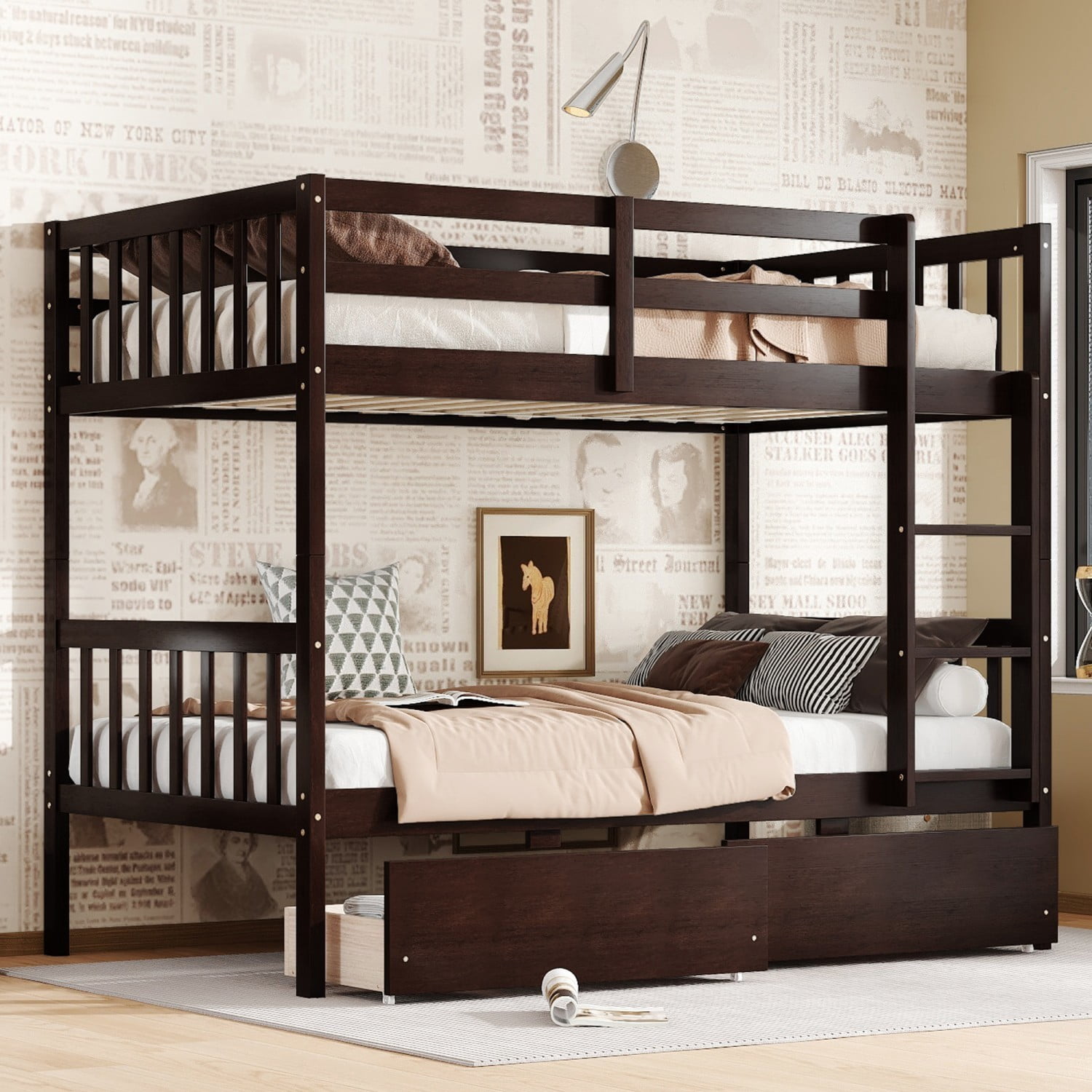 Twin Over Twin Rubber Wood Bunk Bed with Storage Drawers, Convertible Wood Bunk Bed Frame with Safety Guardrails and Ladder, Space Saving Kids Bed for Bedroom, Espresso