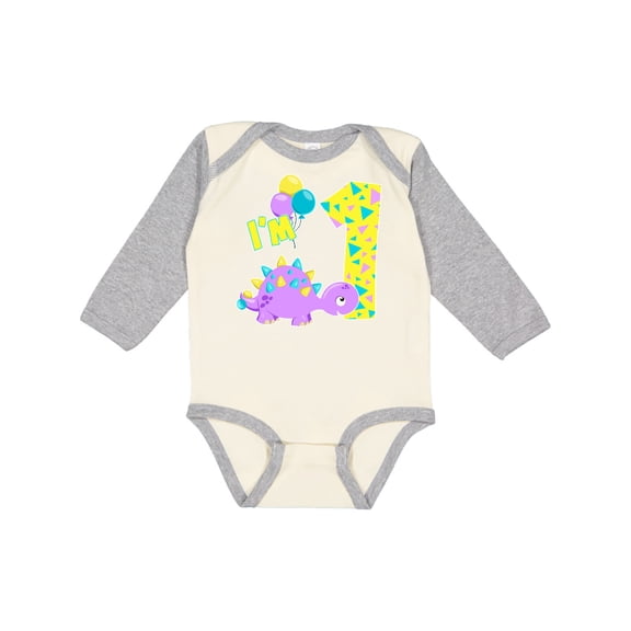 Inktastic Happy Dinosaur First Birthday-purple Boys or Girls Long Sleeve Baby Bodysuit