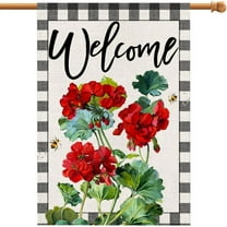 Welcome Spring Summer Geranium House Flag 28x40 Inch Burlap Double Sided Outside, Seasonal Floral Bee Sign Yard Outdoor Decoration DF455-28