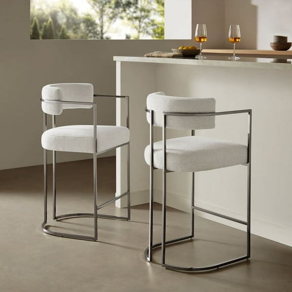 Modway Huron Curved Back Fabric and Metal Counter Stool in Silver Cream