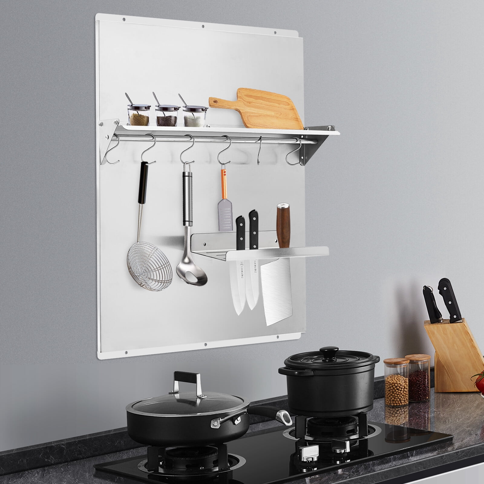 Stainless Steel Range Backsplash with Shelf & Hooks, 24 X 30 Inch Wall Mounted Stove Splatter Guard, Heat Resistant Kitchen Backsplash Panel with Knife Rack