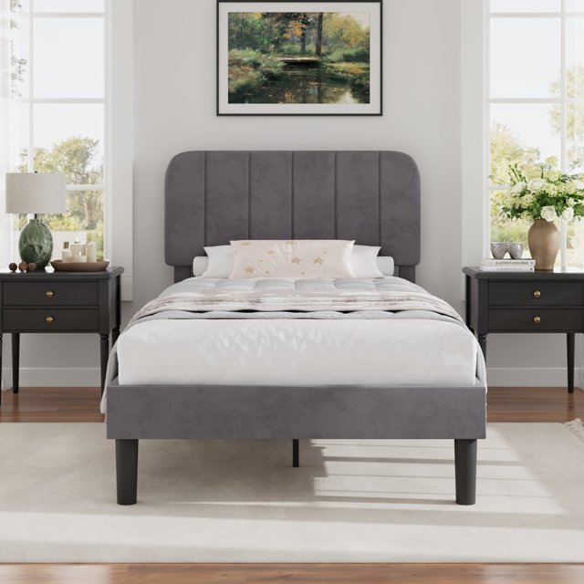 VECELO Twin Size Upholstered Beds, Modern Platform Bed Frame with Adjustable Headboard, Wooden Slats Support/No Box Spring Needed, Dark Grey