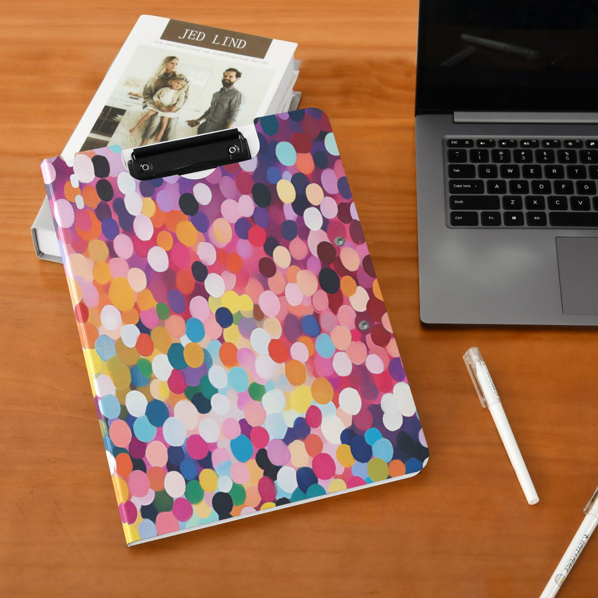 FORMRS A4 Clipboard Folder with Pen Holder Horizontal Foldable School Office Binder, Black Colorful Circles