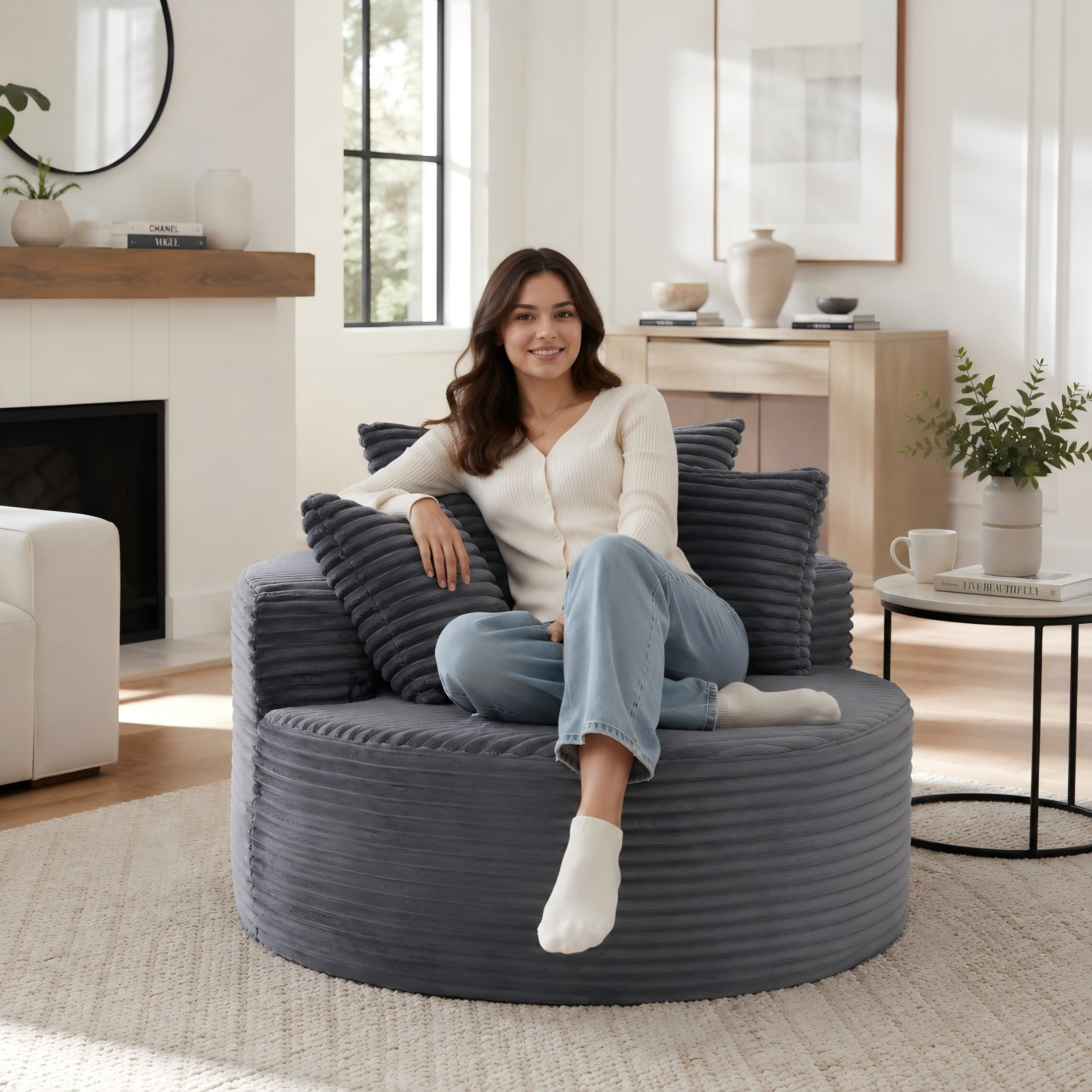 Aukfa 43" Oversized Round Chair with 3 Pillows, Corduroy Cloud Lounge Sofa Chair for Living Room/Bedroom, Gray