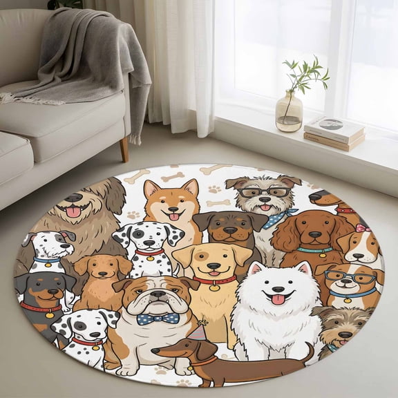 Round Area Rugs Collection 3.3 Ft, Cute Dog Non-Slip Residential Carpet, Funny Animals Bones Paw Prints Indoor Crawling Mats Doormat Runner Rugs Play Mat forBedroom