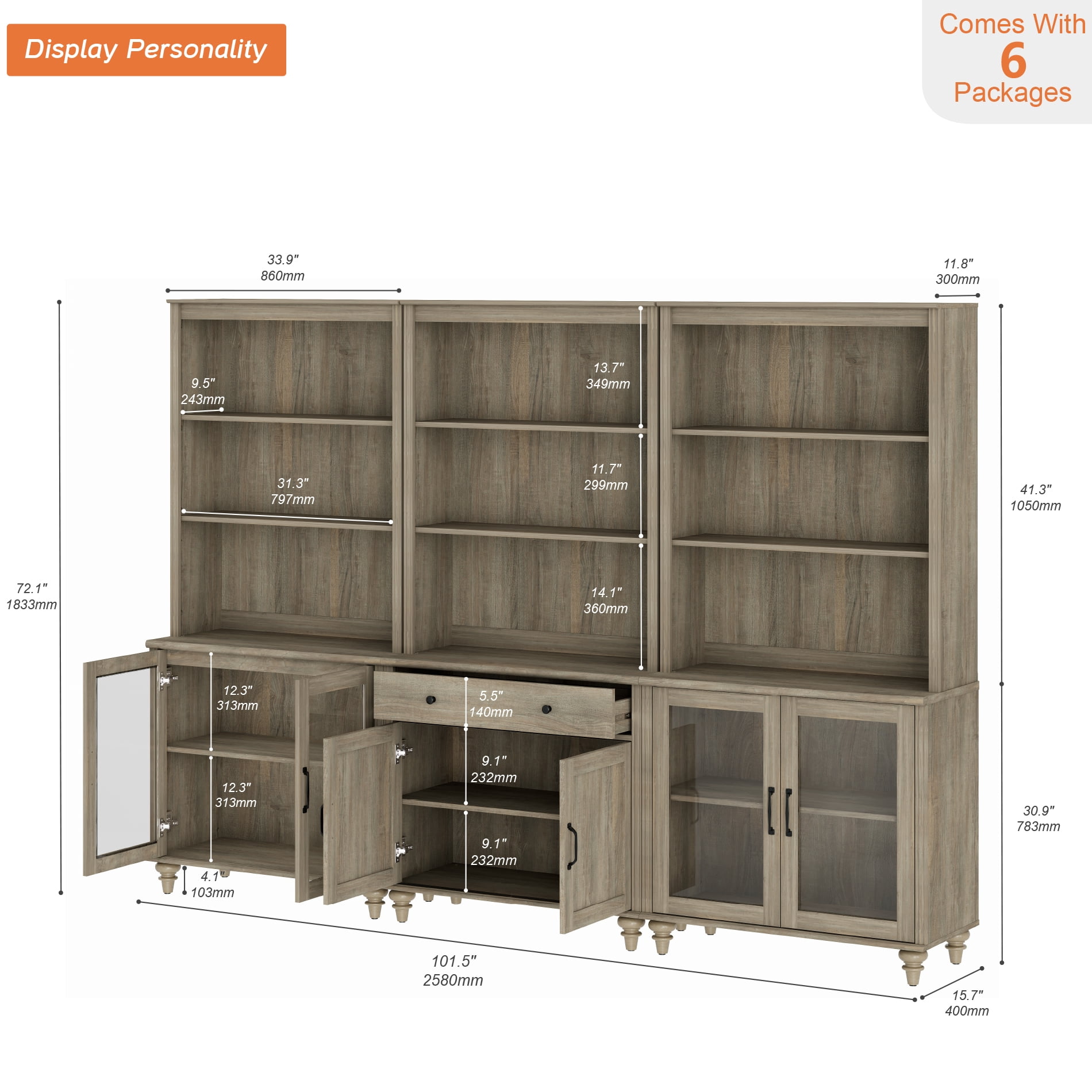 Farmhouse 5 Tier Bookcase With Doors & Drawer, Wash Gray, 101.6" W