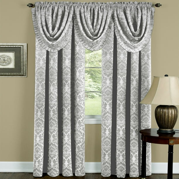 Complete 5 Pc. Damask Thermal Blackout Rod Pocket Window Curtains & Valances Set Silver/Light