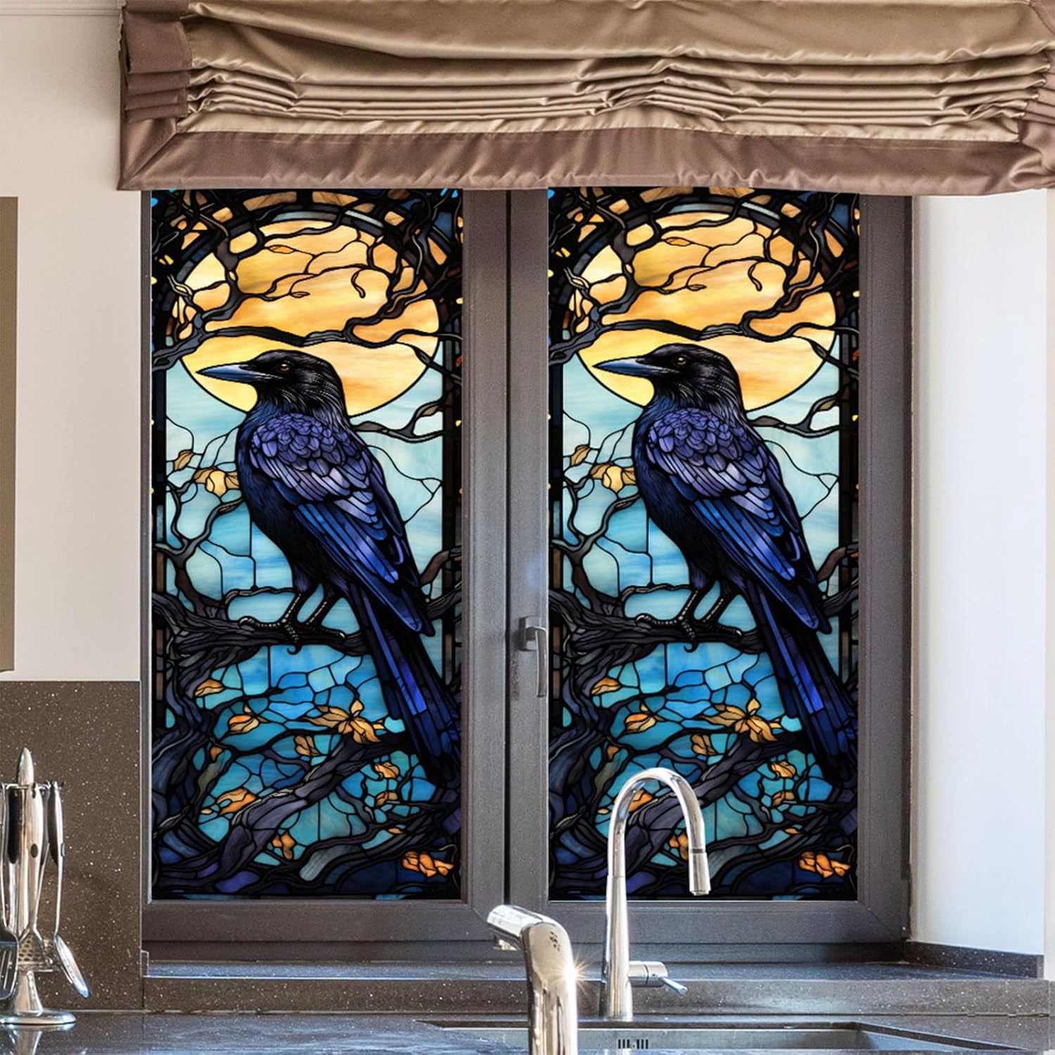 MKEUDQ-Window Privacy Film Crow Stained Glass Window Film Frosted Glass Cling Privacy Film Heat Blocking Static Cling Day and Night Home Door 17.7"x39.5"